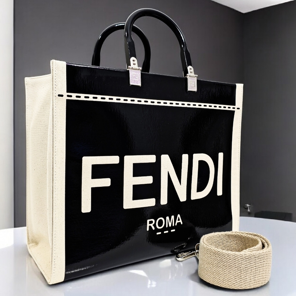 Fendi Medium Sunshine Shopper Black Patent Leather Canvas Trim Tote Shoulder Bag - Picture 13 of 14